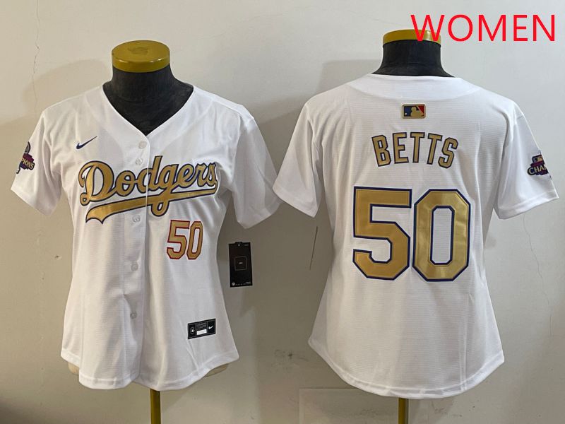 Women Los Angeles Dodgers #50 Betts White Champion gold character 2025 Nike MLB Jersey style 409